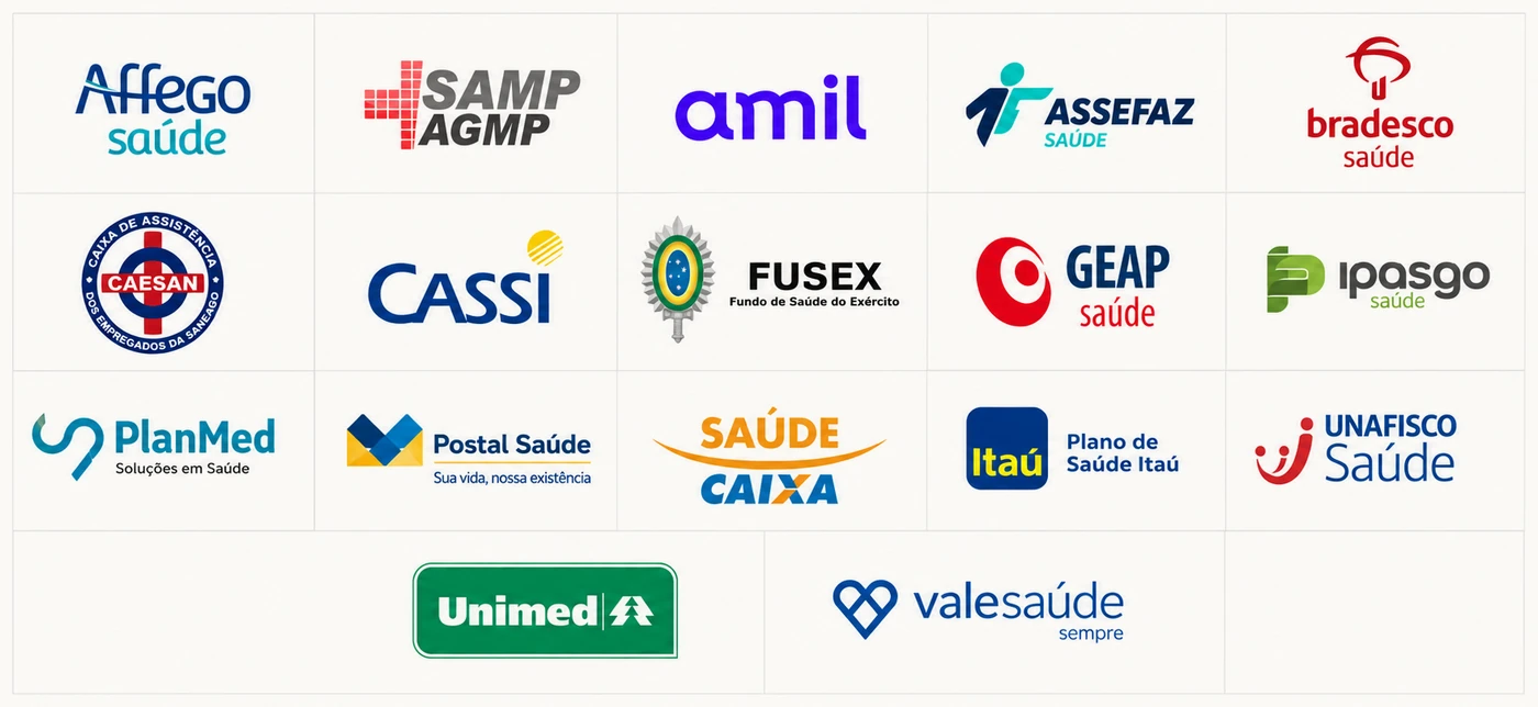 Planos de saúde atendidos: Affego Saúde, SAMP AGMP, Amil, Assefaz Saúde, Bradesco Saúde, Caesan, Cassi, Fusex, Geap Saúde, Ipasgo Saúde, PlanMed, Postal Saúde, Saúde Caixa, Plano de Saúde Itaú, Unafisco Saúde, Unimed e Vale Saúde